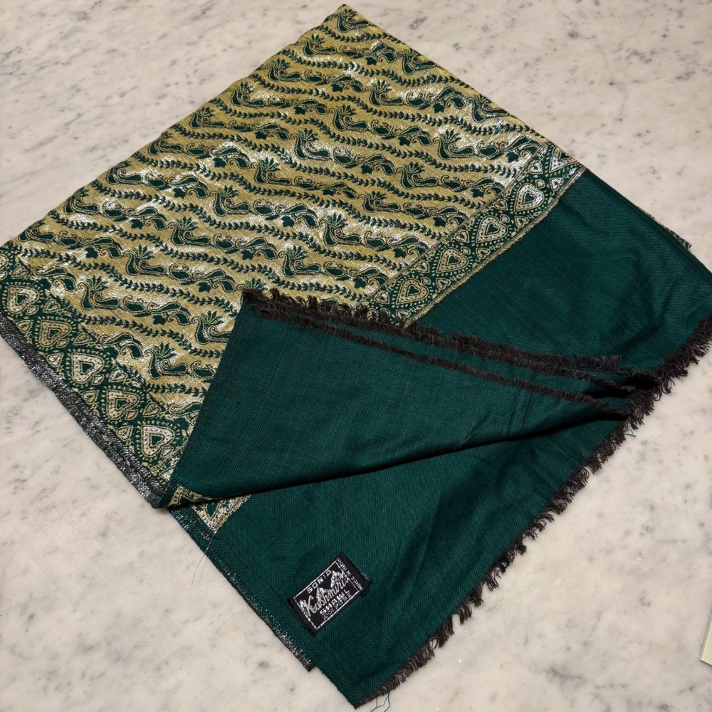 Sonia Kashmiri Shawl Emerald Green Gold Silver Paisley Metallic Wrap 46x92 India
